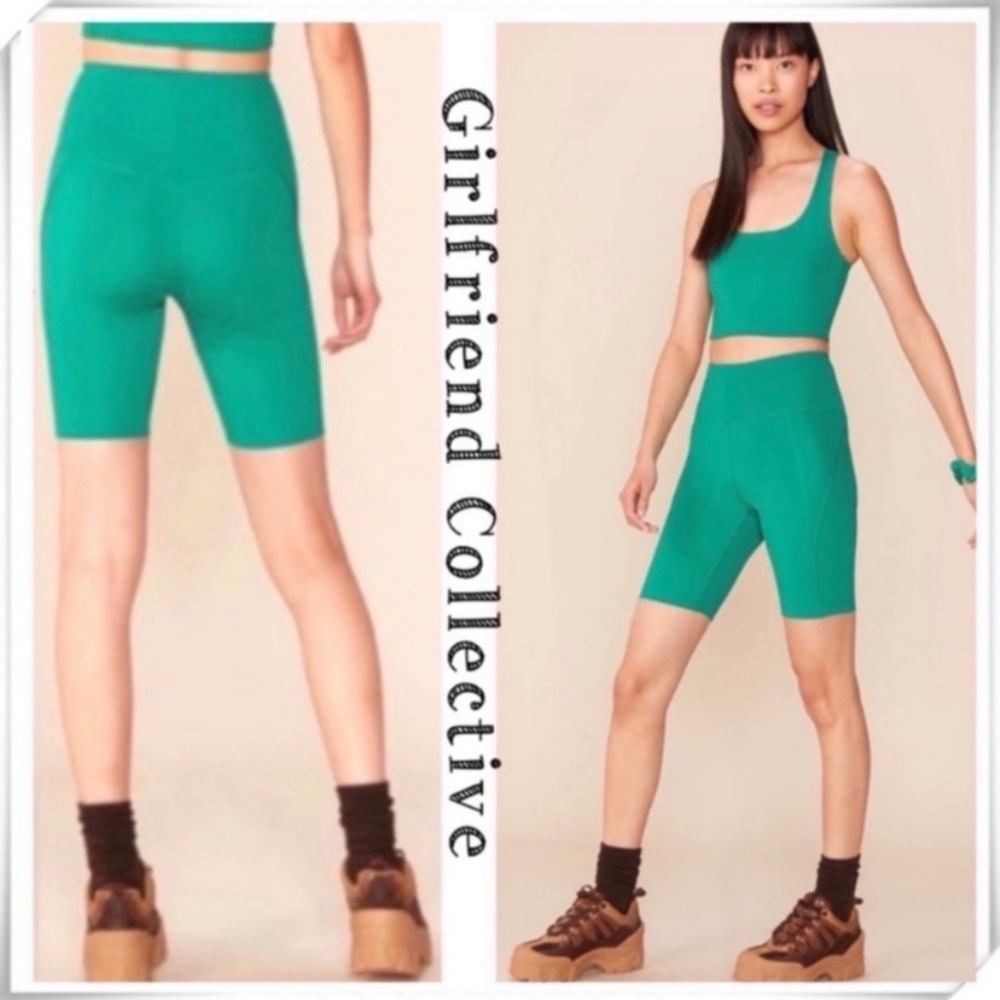 GIRLFRIEND Collective High Rise 8” Inseam Biker Shorts in Aqua Green Size S